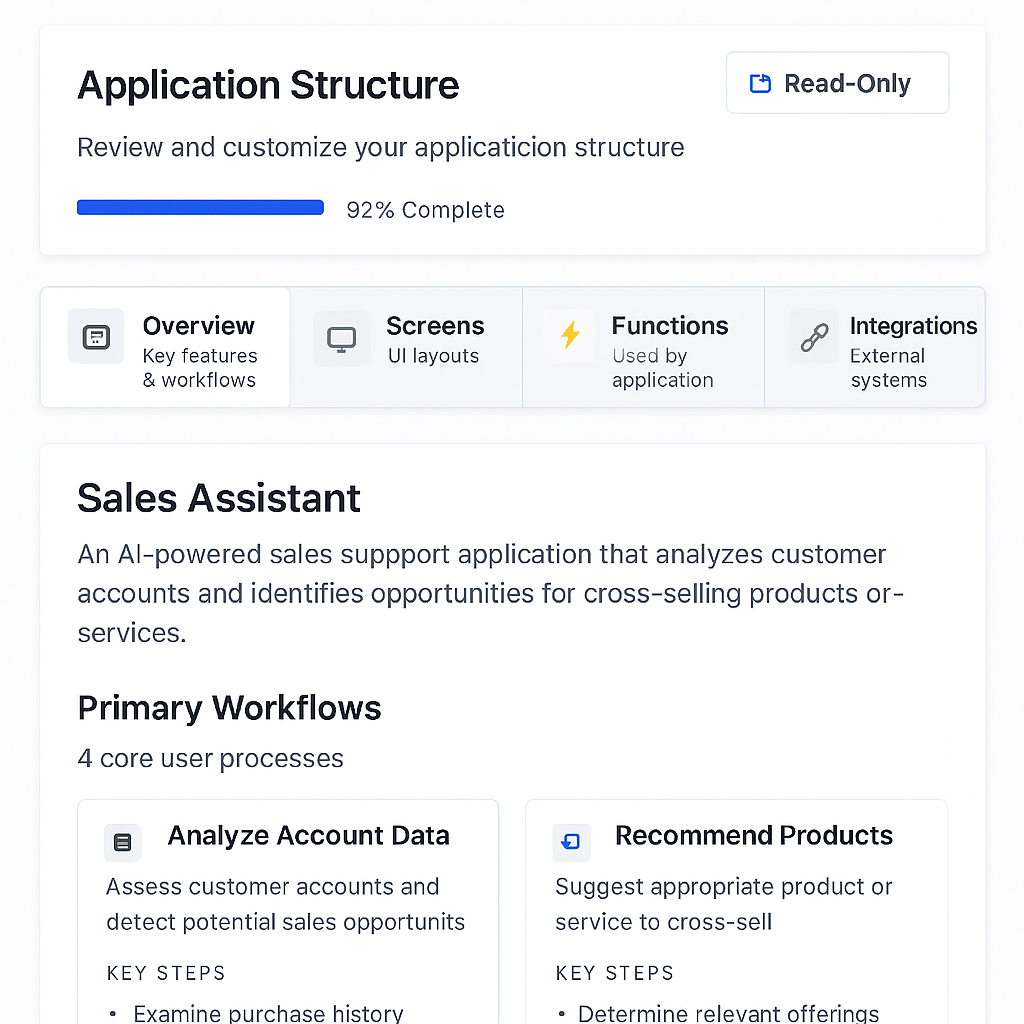 Talsyn application builder showing sales assistant with account analysis and product recommendation workflows